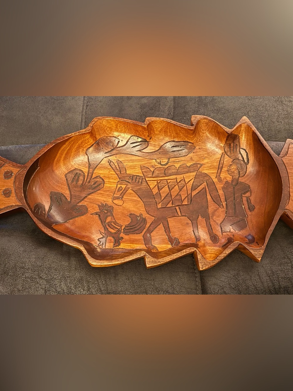 Hand-Carved Wooden Serving Tray with Folk Art Scene - Brown